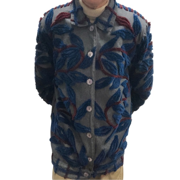 Vintage Stephanie Thomas Sports Textured Embroidered Boho Artsy Leaf Jacket - Picture 8 of 14